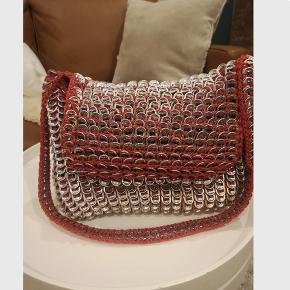 Rare vintage aluminum pop can tab crocheted purse large size capacity Silver/Red - Picture 3 of 17
